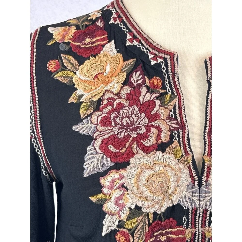 Johnny Was Black Embroidered Floral Silk Tunic Dress Womens S Artemis - Picture 9 of 13